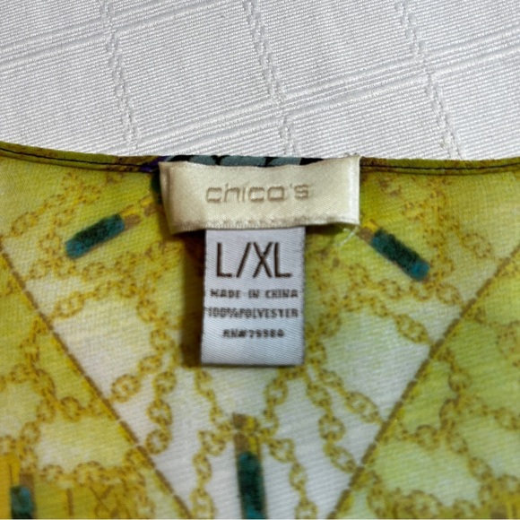 Chico's Vibrant Purple & Yellow Patterned Kimono Top Size L/XL Handkerchief Hem - Picture 8 of 8
